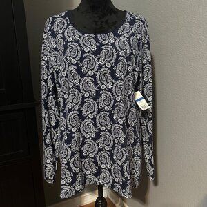 Kim Rogers Top Womens XL Navy White Paisley Print Long Sleeve Casual Boho NWT